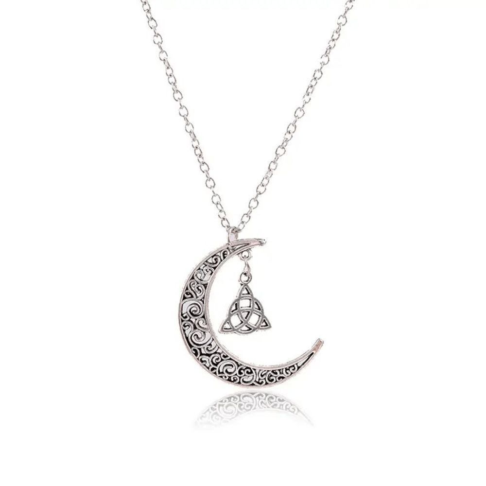 Silver Crescent Moon Irish Celtics Triquetra Knot Pendant Necklace Amulet